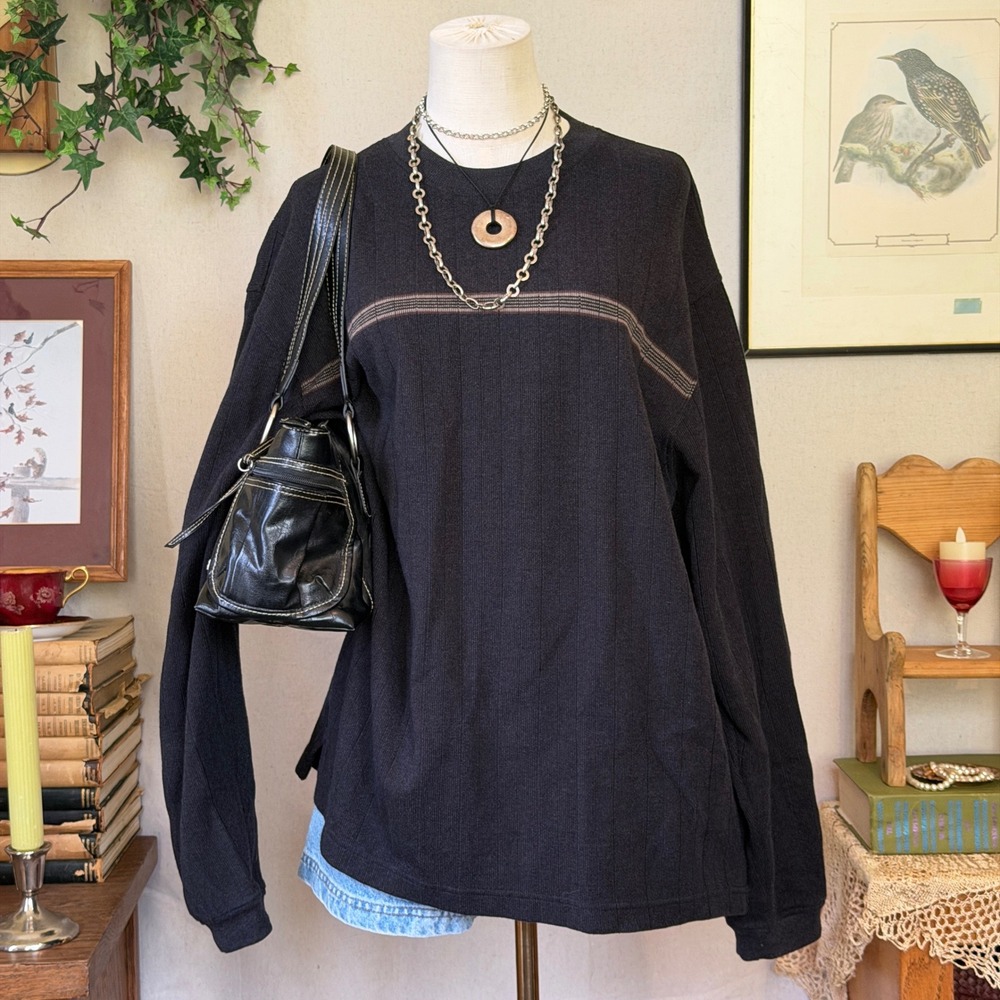Black Striped Chest Oversized Long Sleeve T-Shirt Gorpcore Vintage XL Ribbed
